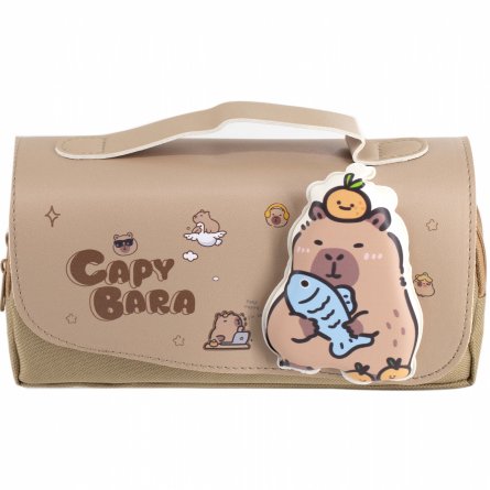 Пенал - косметичка Alingar, ПВХ/ткань, молния, 2 отделения, боковой карман, липучка, ручка, 190 х 80 х 50 мм, "CAPYBARA", бежевый, европодвес фото 1