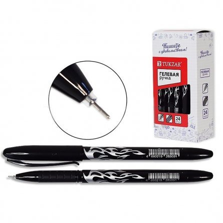 Ручка гелевая TUKZAR, 0,5 мм, черная, игольчатый наконечник, резиновый грип, круглый пластиковый  корпус с узорами, картонная упаковка фото 1