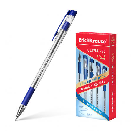 Ручка шариковая Erich Krause "Ultra L-30", 0,6 мм, синий, игольчатый, металлизированный наконечник, резиновый грип, прозрачный пластиковый корпус фото 1