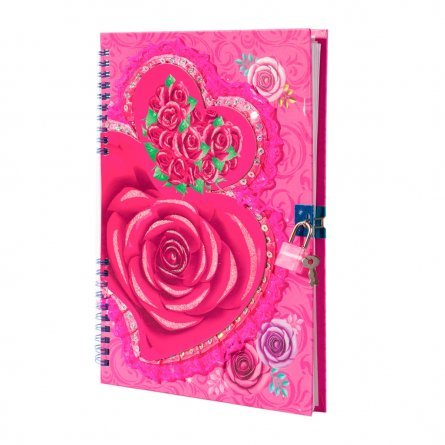 Подарочный блокнот 18,5 см * 27 см, гребень, Alingar, ламинация, глиттер, аппликация, замочек, 55 л., "Роза в сердце", розовый фото 1