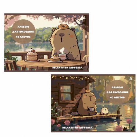 Альбом для рисования А4 40л., Alingar, на скрепке, мелованный картон (стандарт), 100 г/м2,  "Капибара", 2 дизайна в пленке т/у фото 1