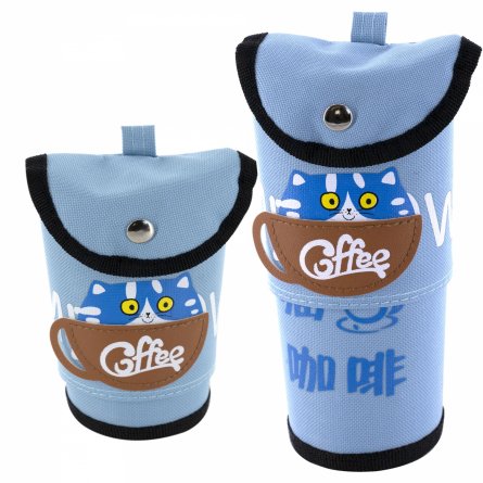 Пенал - тубус складной, Alingar, ПВХ, кнопка, 100 х 120 мм ( 100 х 195 мм), "Coffee cat", голубой фото 1