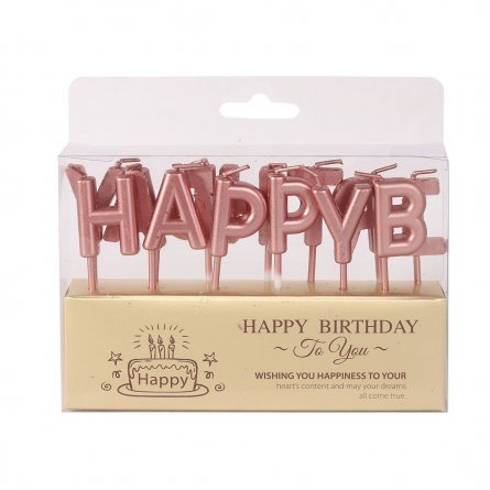 Набор свечей для торта Alingar, 2,5 см, на пиках, "Happy birthday", цвет розовый металлик, блистер с европодвесом фото 1