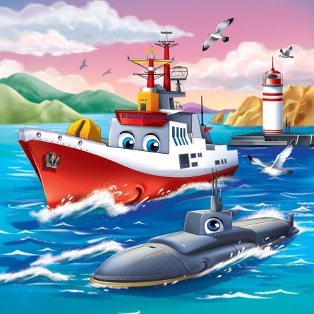 Картина по номерам Рыжий кот, 20х20 см, с акриловыми красками, холст, "Корабль и подводная лодка" фото 1