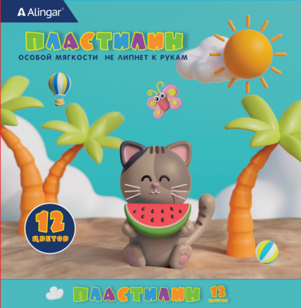 Пластилин Alingar, 12 цветов, 180 гр., особо мягкий, без стека, картонная упаковка, "Котик" фото 3
