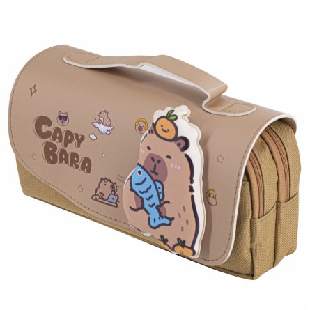 Пенал - косметичка Alingar, ПВХ/ткань, молния, 2 отделения, боковой карман, липучка, ручка, 190 х 80 х 50 мм, "CAPYBARA", бежевый, европодвес фото 2
