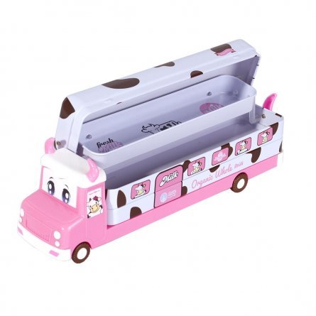 Пенал металлический 2 отделения автобус Alingar, таблица умнож, линейка 15 см, 5 ч/г карандашей, 2 точилки 50 х 190 мм, "Milk bus", розовый фото 3