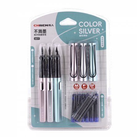 Набор перьевых ручек с картриджем Alingar, толщина пера M, F, EF, 3 ручки, 8 картриджей (6 син + 2 черн), цвет корпуса розовый, серебро, бирюзовый фото 1