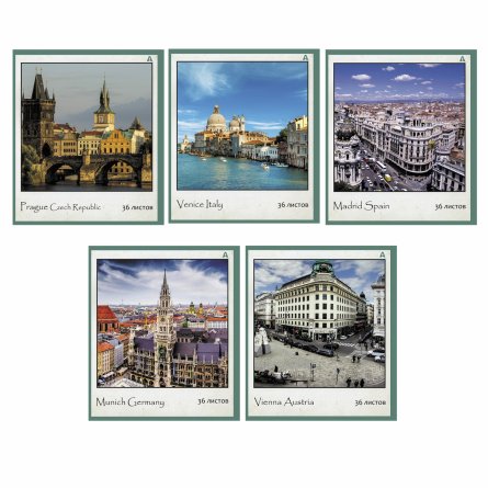 Тетрадь 36 л., А5, клетка, Alingar "Городские виды", скрепка, офсет,  мелованная бумага, 5 дизайнов в пленке т/у фото 1