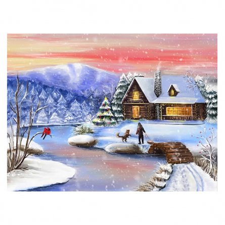 Картина по номерам Рыжий кот, 30х40 см, с акриловыми красками, холст, "Домик у замерзшей речки" фото 1
