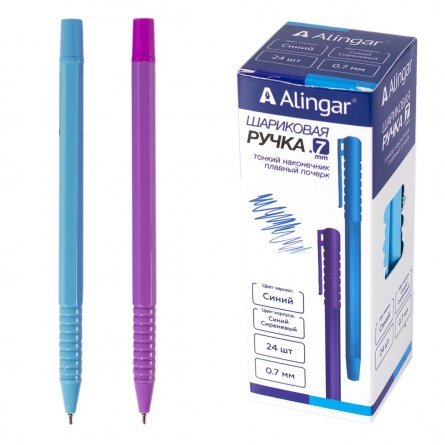 Ручка шариковая Alingar, 0,7 мм, синяя, игольчатый наконечник, грип, шестигранный цветной пластиковый корпус, картонная упаковка фото 1