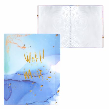 Папка с 20 вкладышами Alingar, А4, 310х235 мм, пластик, 400 мкм, мраморный дизайн с надписью "World", голубой фото 2