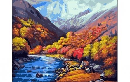 Холст с красками 30*40 см по номерам "Горная река в осеннем лесу " фото 1