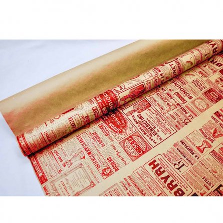 Бумага крафт влагостойкая Миленд 70см*8,5 м, красная на белом "Винтажная газета" (20 листов) фото 1