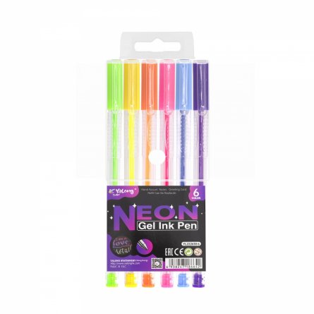 Набор гелевых ручек Yalong, "Neon" 6 цветов, 1,0 мм, прозрачный, круглый пластиковый корпус, ПВХ чехол, европодвес фото 1