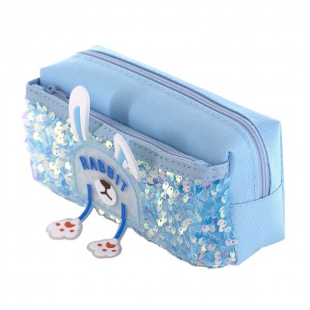 Пенал - косметичка Alingar, ПВХ, пайетки, молния, боковой карман, 90 х 200 мм, "Rabbit", голубой (ушки и лапки) фото 2