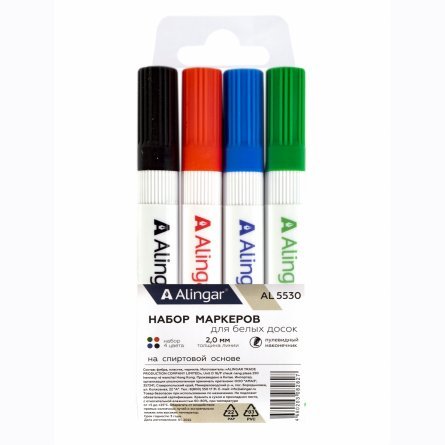 Набор маркеров для белых досок Alingar, 4 цвета,  пулевидный, 2 мм фото 1