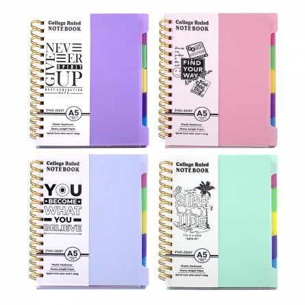 Тетрадь 120л., А5, клетка, Alingar, гребень, пластиковая обложка с информ. окном, цветные пластиковые разделители, ассорти 4 цвета фото 1