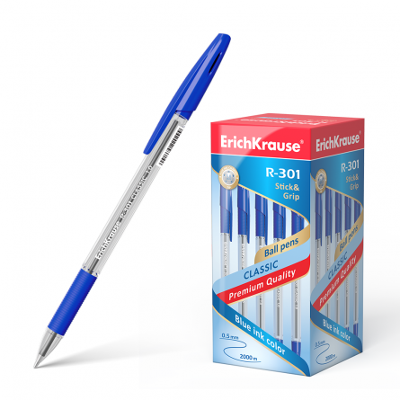 Ручка шариковая Erich Krause "R-301 Classic Stick&Grip", 1.0 мм, синий, метал. наконечник, резин. грип, шестигранный, прозрачный, пластик. корпус фото 1