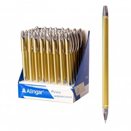 Ручка шариковая на масляной основе Alingar, 0,7 мм, синяя, игольчатый, металлизированный наконечник, круглый, золотой, пластиковый корпус, картон.уп. фото 1
