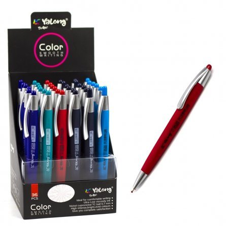 Ручка шариковая на масляной основе Yalong, 0,7 мм, синяя, игольчатый наконечник, автоматическая, цветной soft корпус, картонная упаковка фото 1