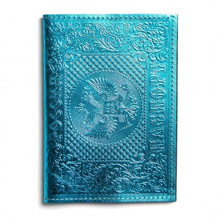 Обложка для паспорта, натур. кожа, металлик голубой, тиснение блинтовое фото 1