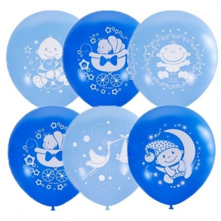 Воздушные шары М12"/30 см Пастель+Декоратор (шелк) 4 ст. рис "С днем рожд. малыш" 25 шт. голубое фото 1