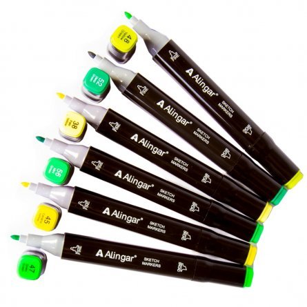 Набор двухсторонних скетчмаркеров Alingar, 6 цветов, зеленые, пулевидный/клиновидный 1-6 мм, спиртовая основа, ПВХ упаковка фото 3