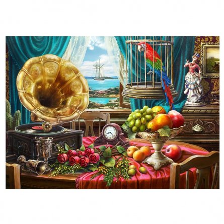 Алмазная мозаика Рыжий кот, с подр., с полным заполнением, (матов.), 30х40 см, 34 цвета, "Натюрморт с граммофоном и фруктами" фото 1
