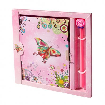 Подарочный блокнот в футляре 21,0 см * 21,0  см , 7БЦ, Alingar, ламинация, замочек, ручка, 50 л., линия, "Счастливые бабочки", розовый фото 1