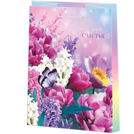 Пакет подарочный бумажный Мир открыток (L+) 26*32,7 см "Бабочка на букете цветов", ламинация фото 1