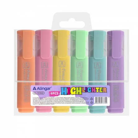Набор текстовыделителей, 6 цветов, пастель, Alingar, "HIGHlighter", прямоугольный корпус, скошенный, пластиковый пенал, европодвес фото 1