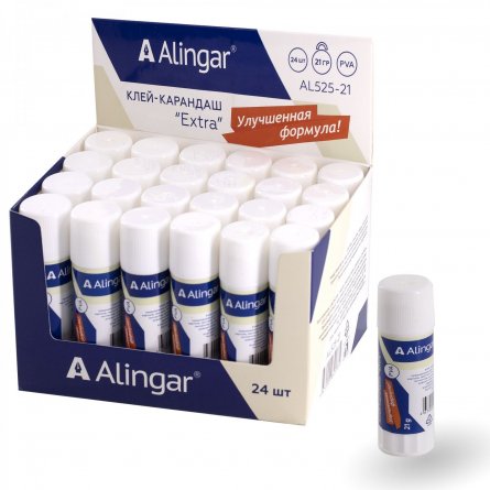 Клей-карандаш Alingar, 21 гр, "Extra", на основе PVA, пластиковый тюбик, 24 шт/уп, картонный шоу-бокс фото 2