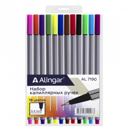 Набор капиллярных ручек Alingar, 12 цветов, 0,4 мм, шестигранный пластиковый серый корпус, ПВХ чехол, европодвес фото 1