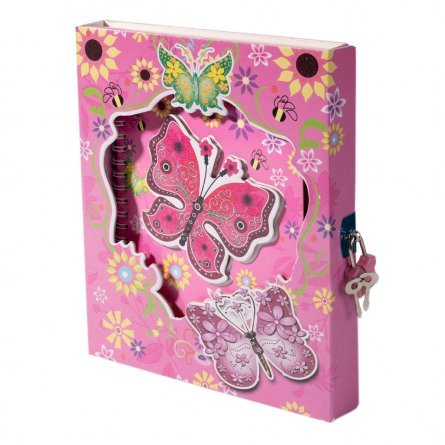 Подарочный блокнот в футляре 17,0 см * 22,0 см, гребень, Alingar, ламинация, глиттер, апплик, замочек,  50 л., линия, "Цветочные бабочки", розовый фото 1