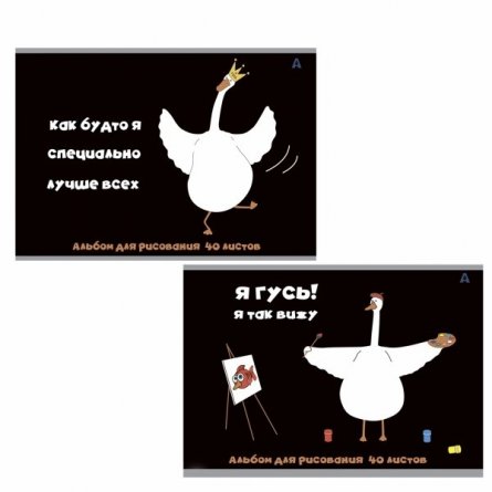 Альбом для рисования А4 40л., Alingar, на скрепке, мелованный картон (стандарт), 100 г/м2,  "Гуси", 2 дизайна в пленке т/у фото 1