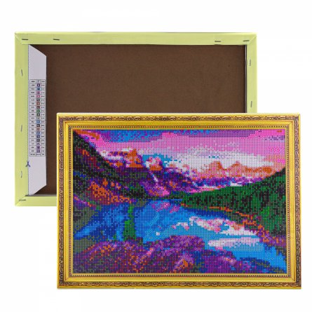 Алмазная мозаика Alingar, 20 цветов, 30х40 см, глянец, "Озеро в горах на рассвете", дизайн рамка, на подрамнике, с полным заполнением фото 1