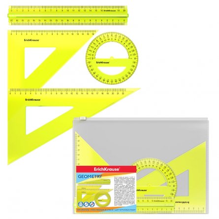 Набор чертёжный большой  ErichKrause Neon, пластик, (линейка с держателем 20см, 2 угольника, транспортир 360/12см), желтый, в zip-пакете фото 1