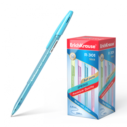 Ручка шариковая Erich Krause "R-301 Spring Stick", 0,7 мм, синяя, шестигранный, тонированный, пластиковый корпус, картонная упаковка фото 1
