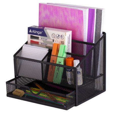 Подставка-органайзер д/канцтоваров, Alingar, металлическая, 23*20*15 см, 5 отделений, выдвижной ящик фото 1
