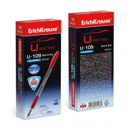 Ручка шариковая Erich Krause "U-109 Stick&Grip Classic", 1.0 мм, красная, трёхгран., прозрач. пластик. корпус, резин. грип, карт. упак. фото 3