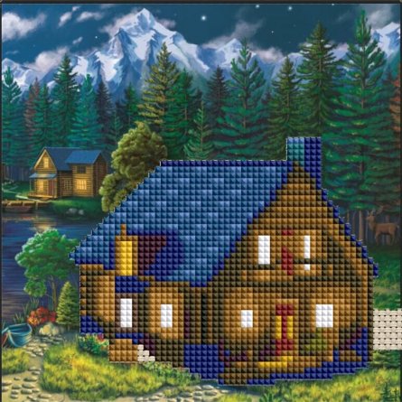 Алмазная мозаика Рыжий кот, без подрамника, на картоне, с частичным заполнением, (блест.), 20х20 см, 8 цветов, "Дом в ночном лесу" фото 1