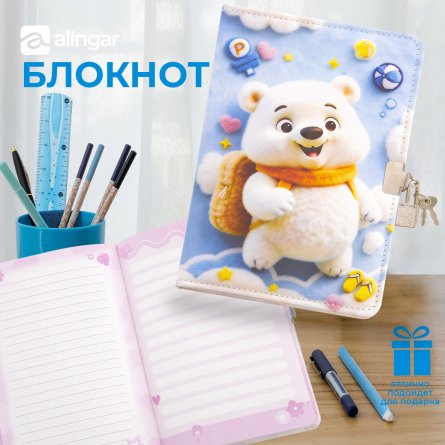 Подарочный блокнот на замочке Alingar,"Медвежонок",14.2*21см,,линия,мягкая обложка фото 2