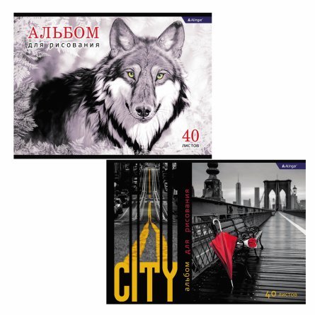 Альбом для рисования А4 40л., Alingar, на скрепке, мелованный картон (стандарт), 100 г/м2,  "MIX. Волк. City." фото 1