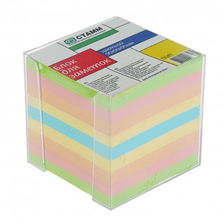 Блок для заметок Стамм, цветной+бокс 9*9*9 см., пластик.бокс прозрачный фото 1