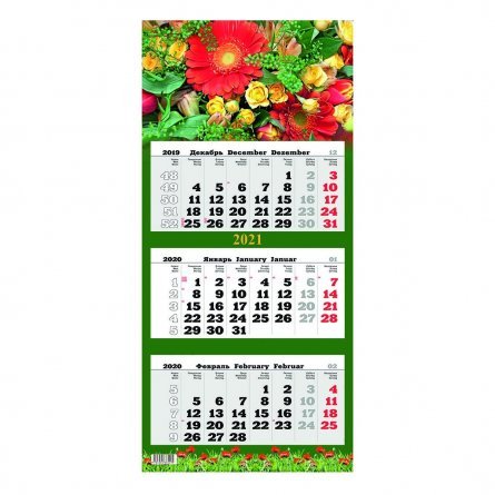 Календарь настенный квартальный трехблочный, гребень, ригель, 310 мм * 690 мм, Квадра "Цветы" 2021 г. фото 1