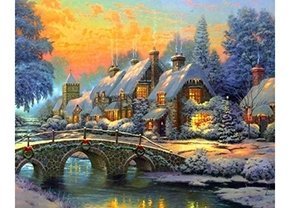 Рисование по дереву по номерам Рыжий Кот "Мост и заснеженные дома",  40х50 см, 24 цвета фото 1