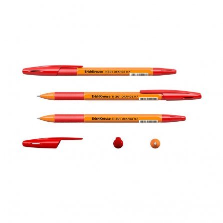 Ручка шариковая Erich Krause "R-301. Orange Stick&Grip", 0,7 мм, красная, резиновый грип, шестигранный, оранжевый пластиковый корпус фото 3