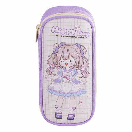 Пенал - косметичка Alingar, ПВХ/ткань, молния, 1 откидная планка, 210 х 90 х 45 мм, "Happy Day" девочка, микс (розовый, фиолет, св-роз), европодвес фото 3