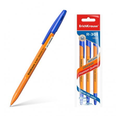 Ручка шариковая Erich Krause"R-301", 0,7 мм, синяя, шестигранный, оранжевый, пластиковый корпус, картонная упаковка, 3шт фото 1